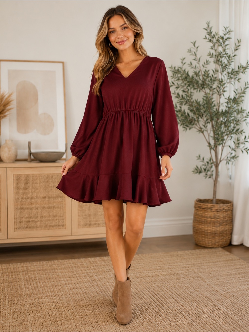 Burgundy Babydoll Dress Tie Neck Long Sleeve Flowy Boho Cottagecore L